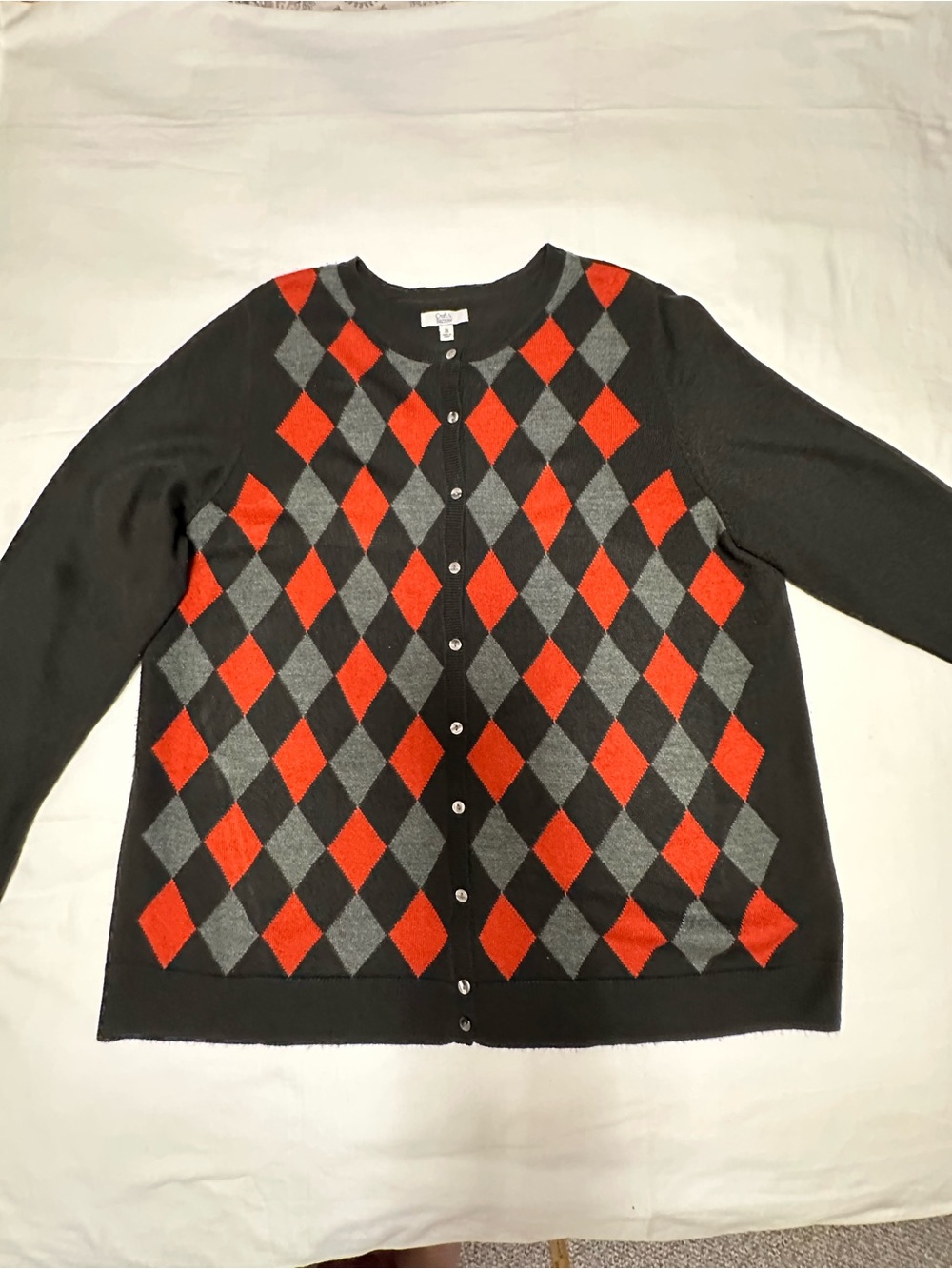 Croft and Barrow Women's Black Cardigan Sweater with Red and Gray Argyle
